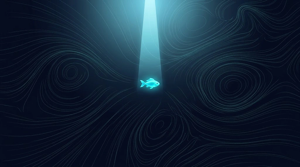 光が当たるのは1匹だけ。でも、泳ぐ道すじを決めているのは、まわりの流れのほう。